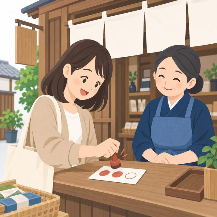 店のカウンターで、スタンプ用紙に赤いスタンプを押す女性