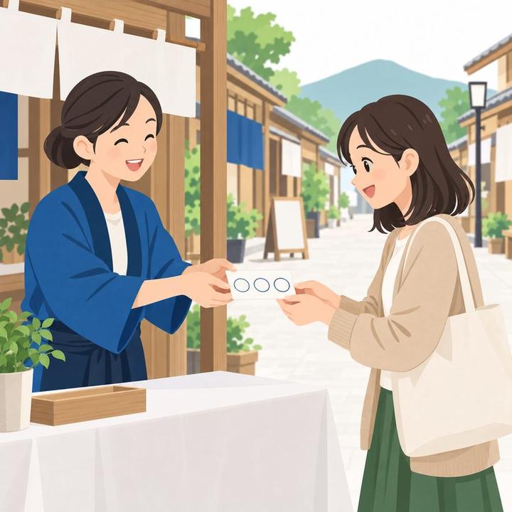 受付でスタッフから、空欄の丸が3つあるスタンプ用紙を受け取る女性