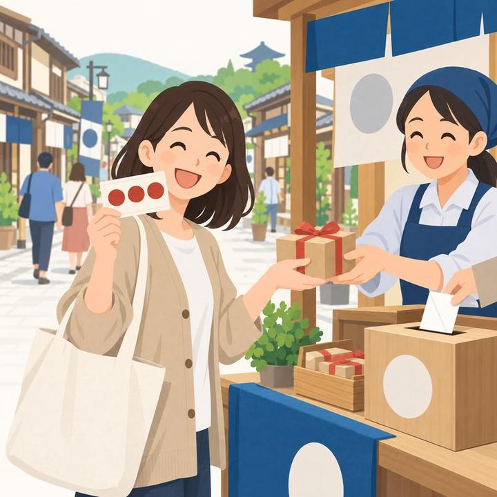 3つ押し終えた用紙を見せて景品を受け取る女性。横には応募箱がある