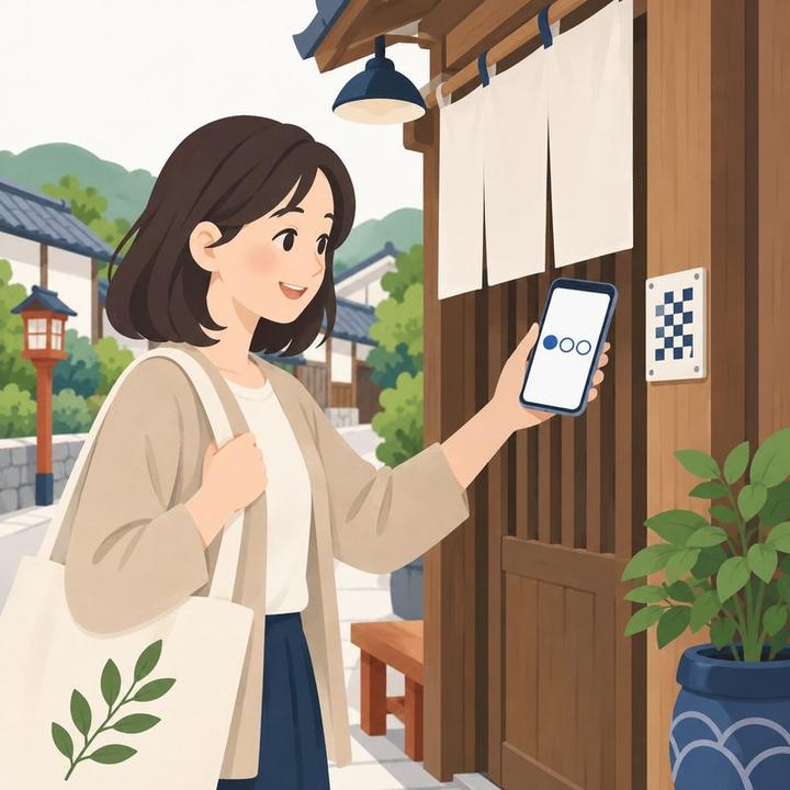 店先のQRにスマホをかざす女性。画面のスタンプ帳には最初の1つが押されている