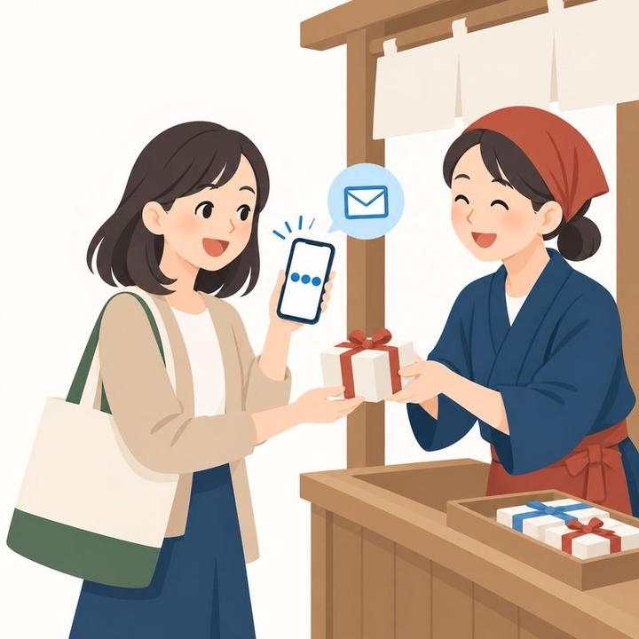 3つそろったスマホの画面を見せて景品を受け取る女性。応募もできることを示す封筒のしるし