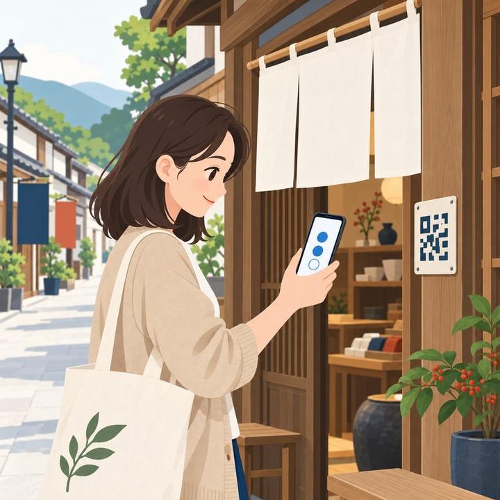 別の店先のQRを読む女性。画面のスタンプ帳は3つのうち2つが押されている