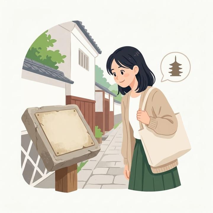 史跡の案内板の前で、興味深そうに見入る女性