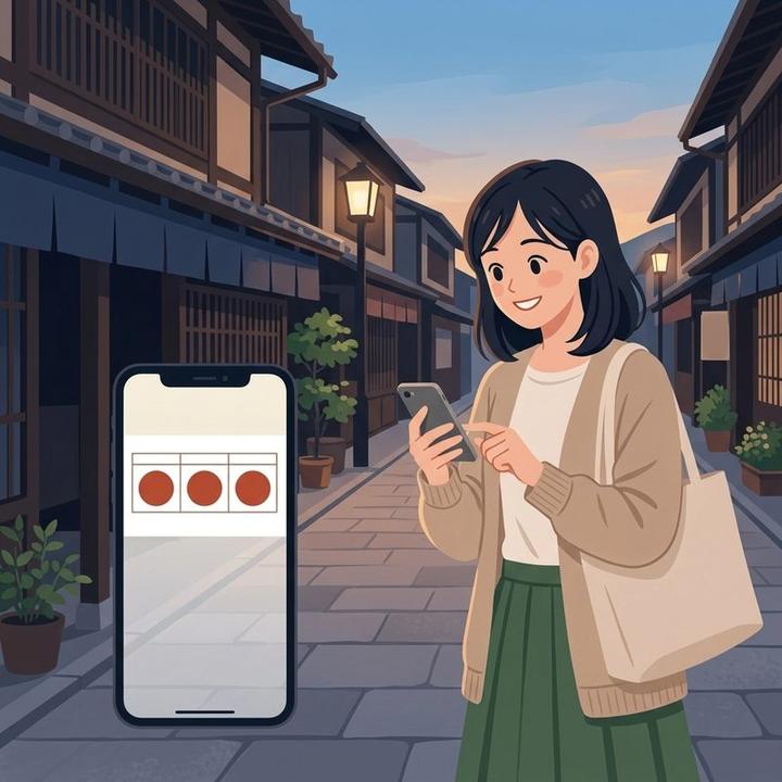 帰り道、スタンプがそろったスマホの画面を見る女性