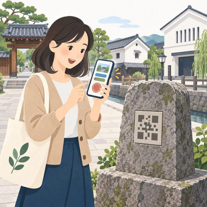 史跡の前で問題に正解した女性。スマホの画面で選択肢の1つが緑になり、スタンプが押されている
