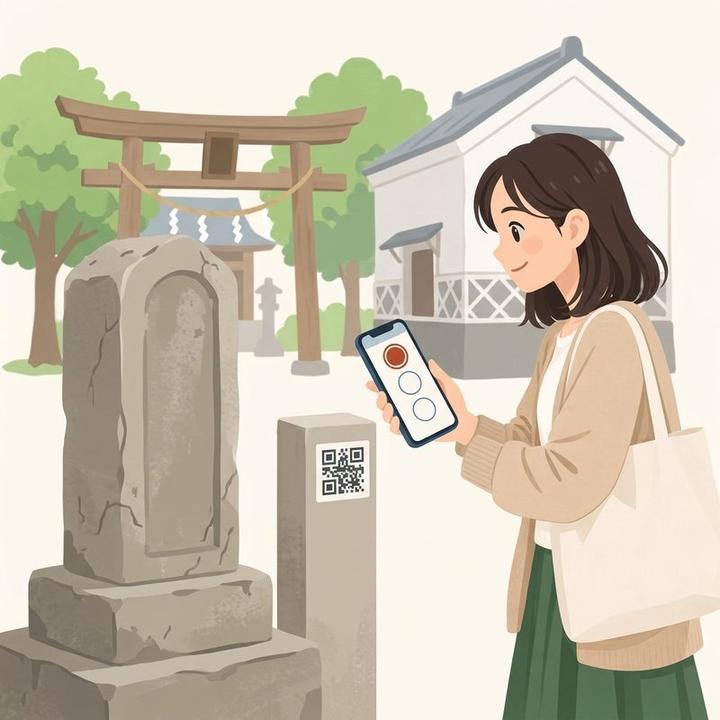 史跡の前でQRを読む女性。スマホのスタンプ帳に1つ押されている