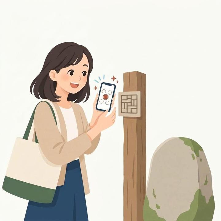 名所の前でQRを読み、スタンプが1つ増える女性
