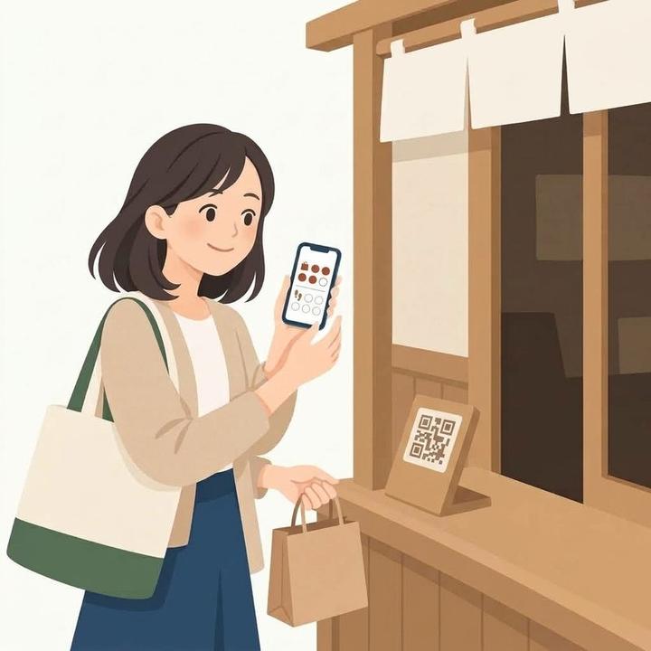 お店で買い物をしてQRを読むと、買い物の枠にスタンプが入る女性