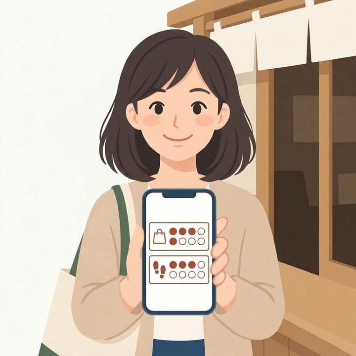 スマホのスタンプ帳が、買い物袋の印の枠と、足あとの印の枠の2段に分かれている