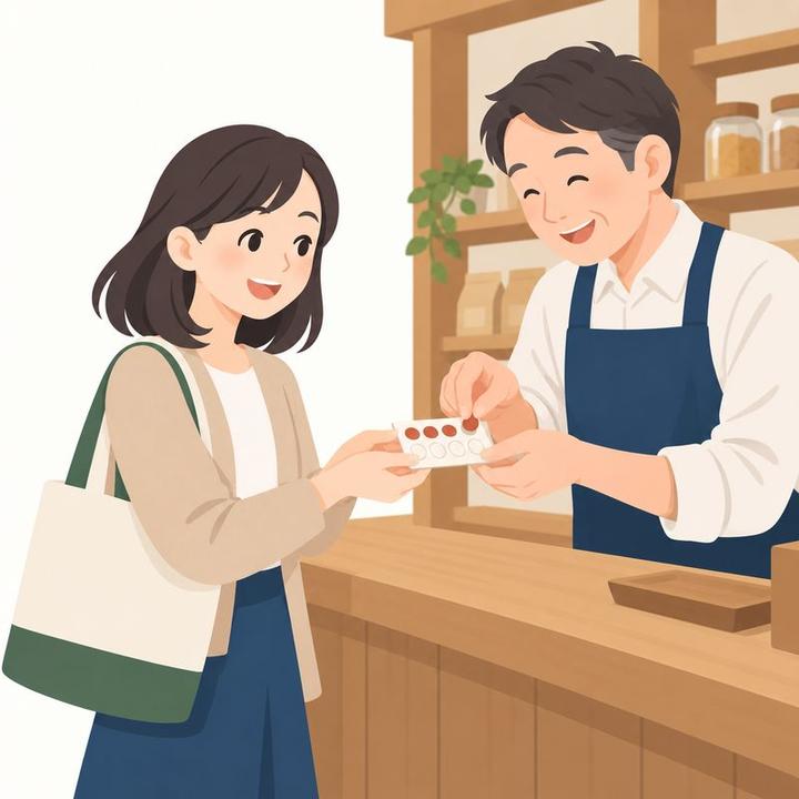 お店の人が、紙のカードに小さなシールを貼っている