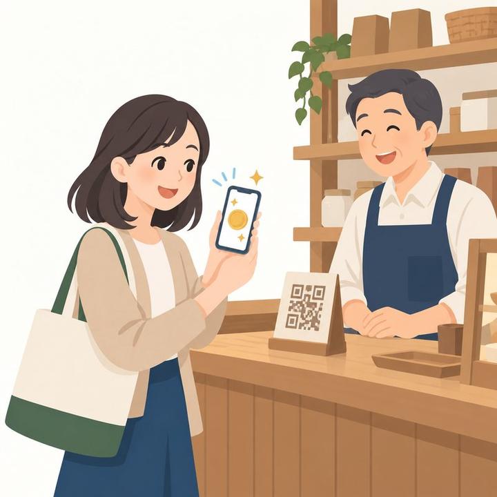 お客さんがQRを読むと、スマホにポイントが入る