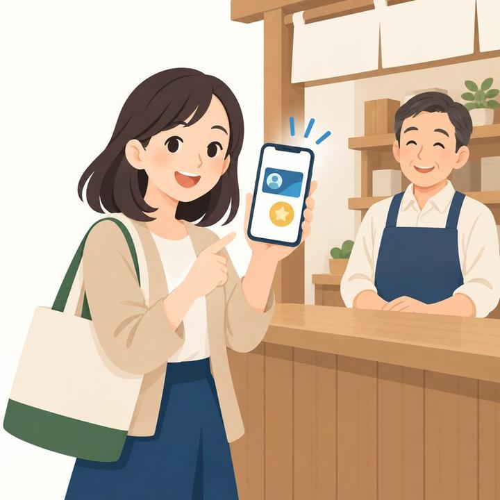 いつものスマホで会員証とポイントを見せる女性