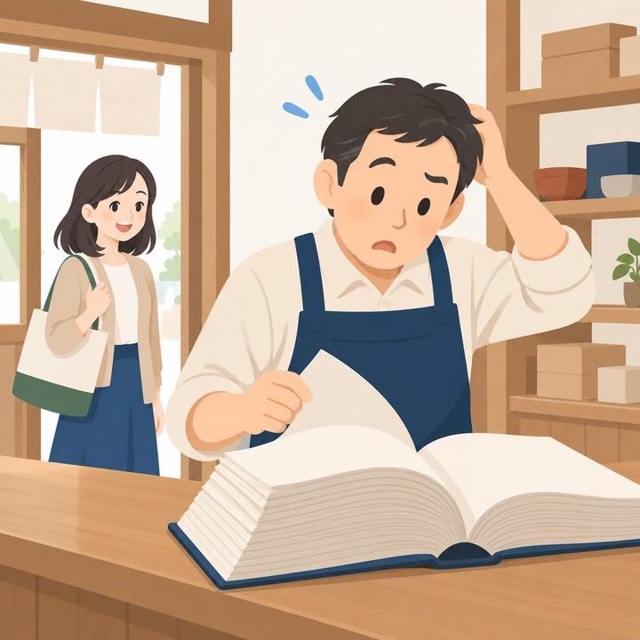 お店の人が、手書きの台帳を前に首をかしげている
