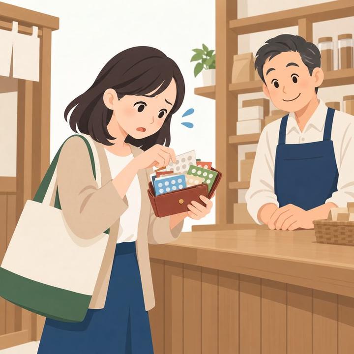 財布の中にたくさんのお店のカードがあふれ、目当てのカードが見つからない女性