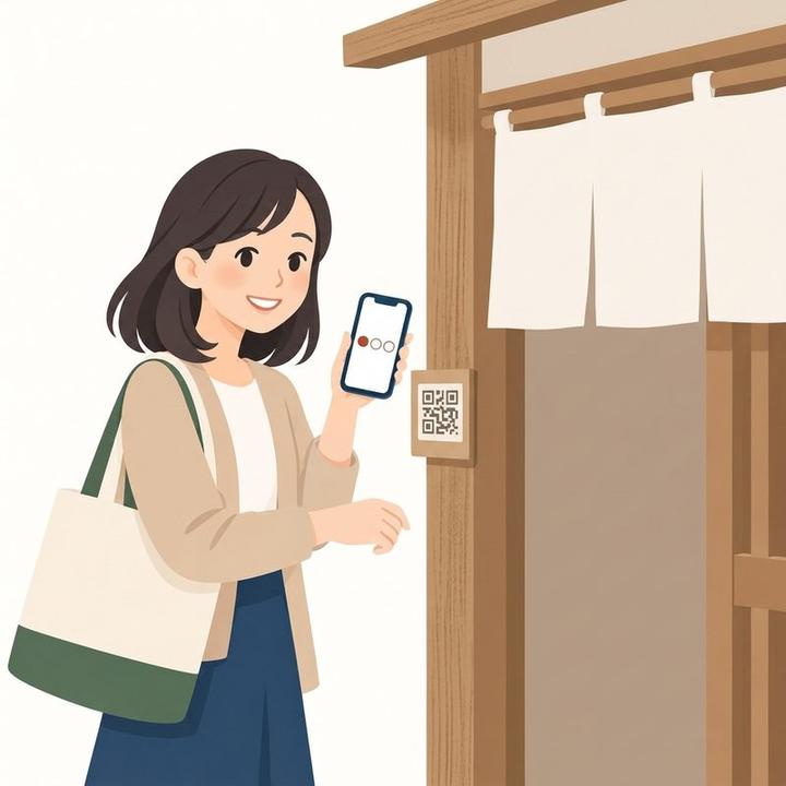 店先のQRを読む女性。スマホのスタンプ帳に1つ目が押されている