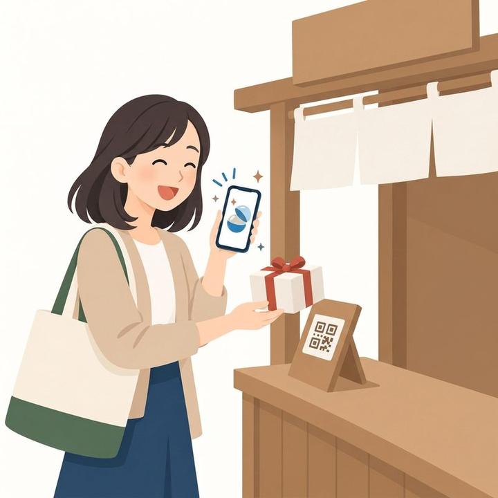 次の日、同じ店先でQRを読んだ女性。また新しいカプセルが開き、小さな景品を手に喜んでいる