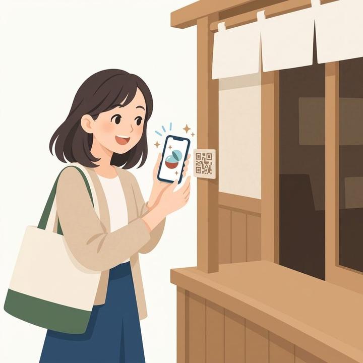 店先のQRを読む女性。スマホの画面でカプセルが開き、くじを引いている