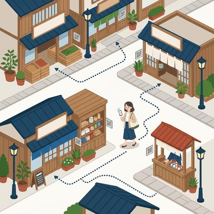 地図のような町を、何軒ものお店を順に巡って歩く女性