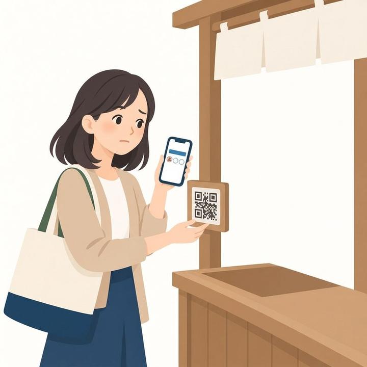 次の日、同じ店先でQRを読んだ女性。スタンプは前と同じ1つのままで、首をかしげている
