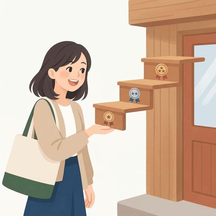 階段の先にある次の位と称号を見上げる女性