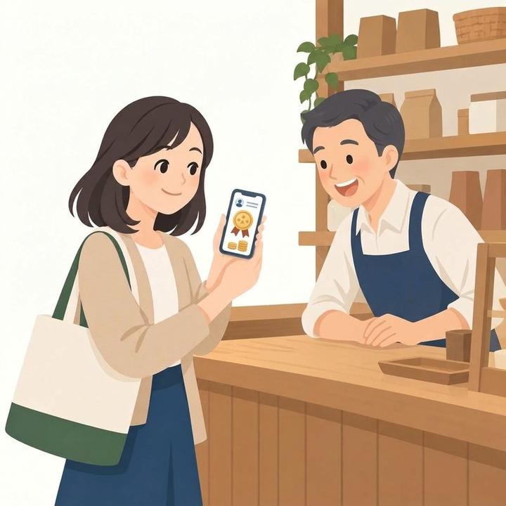 スマホの会員証に位と称号が大きく飾られ、お店の人が声をかけている