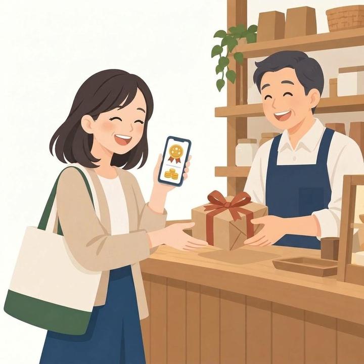 景品と交換しても、スマホの会員証の位はそのまま残っている女性