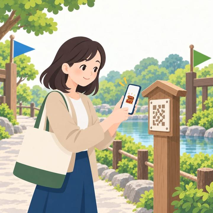 入口のQRを読み、一人で参加する女性