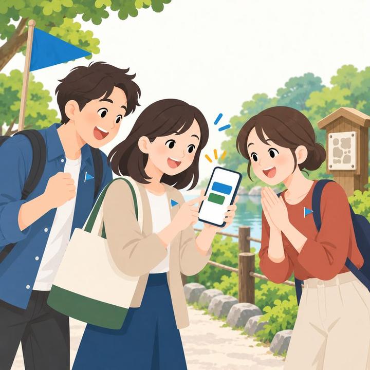 チームの合計点で勝ったことを、同じチームの見知らぬ人と一緒に喜ぶ女性