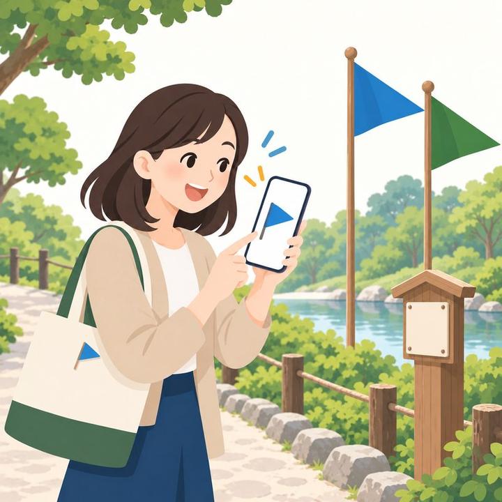 青と緑の2つの旗から、青の旗を選んで参加する女性