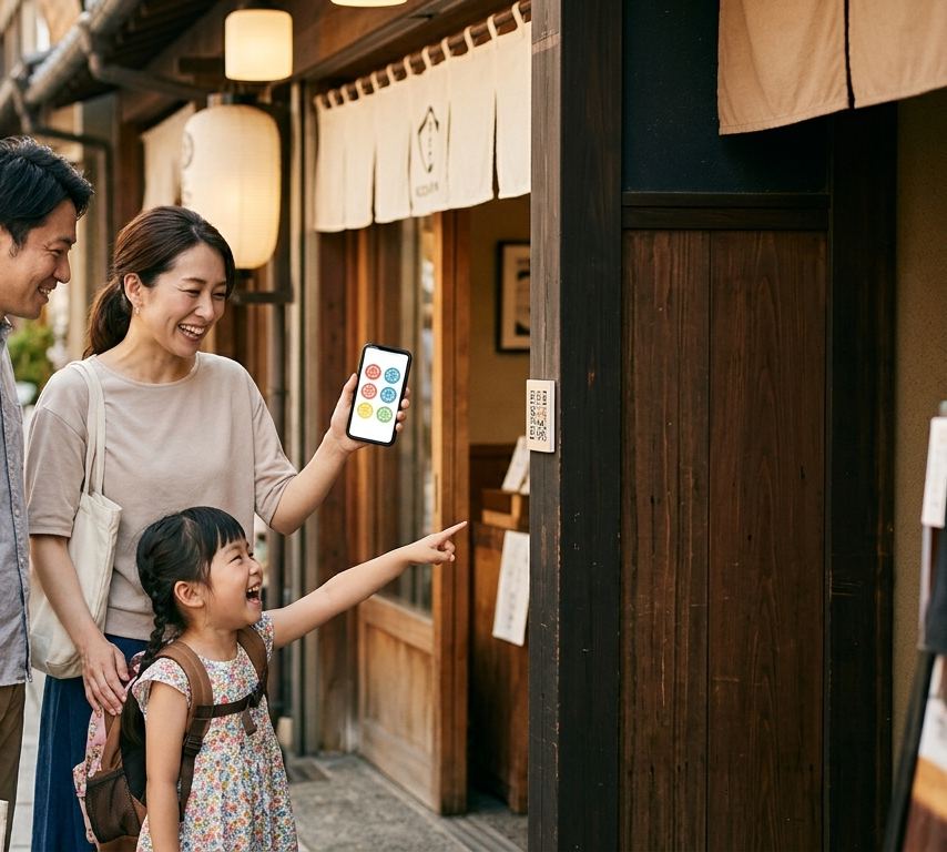 店先でQRを読み取り、スマホにスタンプが増えていく様子
