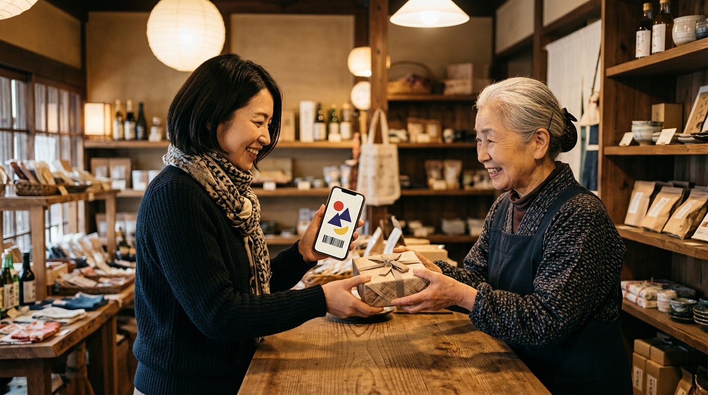 店のカウンターで、スマホの会員証を見せて商品を受け取る客と店主
