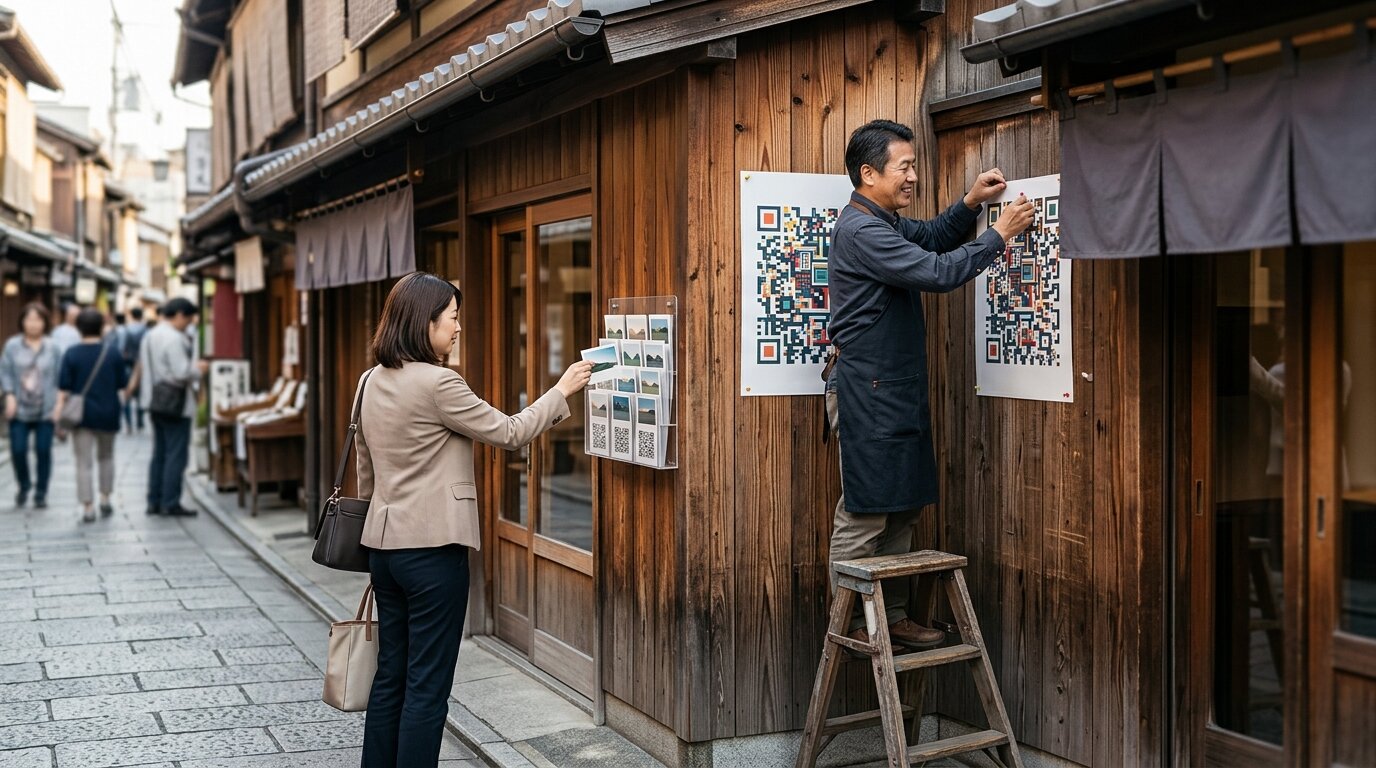 店先の壁にQRのポスターを貼る店主と、カードを手に取る通行人