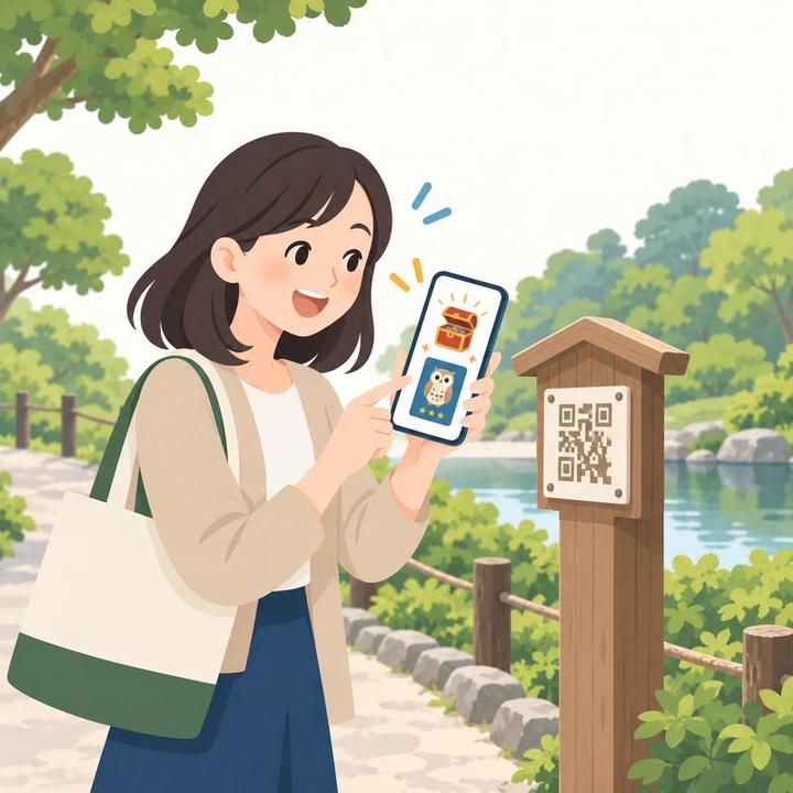 名所の前でQRを読むと宝箱が開き、珍しい生き物のカードが当たって驚く女性