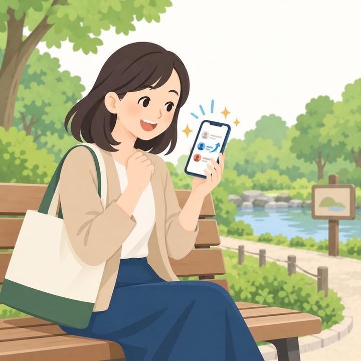 スマホの順位表で自分が上がっていくのを見て、うれしそうな女性