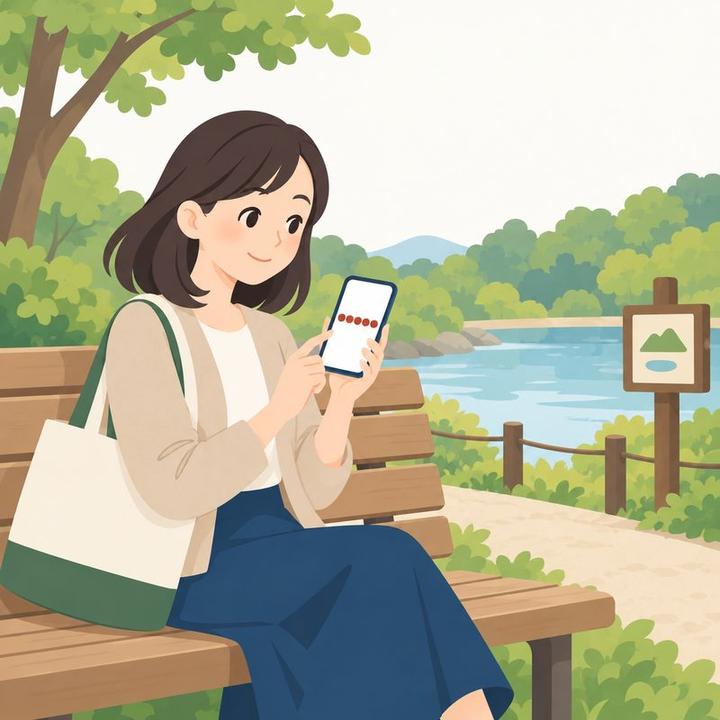 スタンプが全部そろって、ほっとする女性