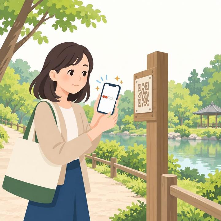 名所の前でQRを読み、いつもと同じスタンプが1つ押される女性