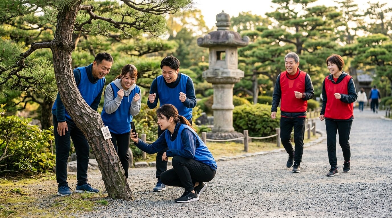 赤と青のチームに分かれて、庭園の木に付いたQRタグを探す参加者たち