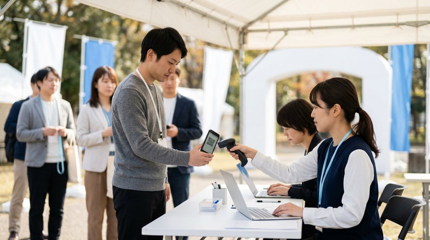 イベント受付でスマホのコードをスキャンするスタッフと来場者の列