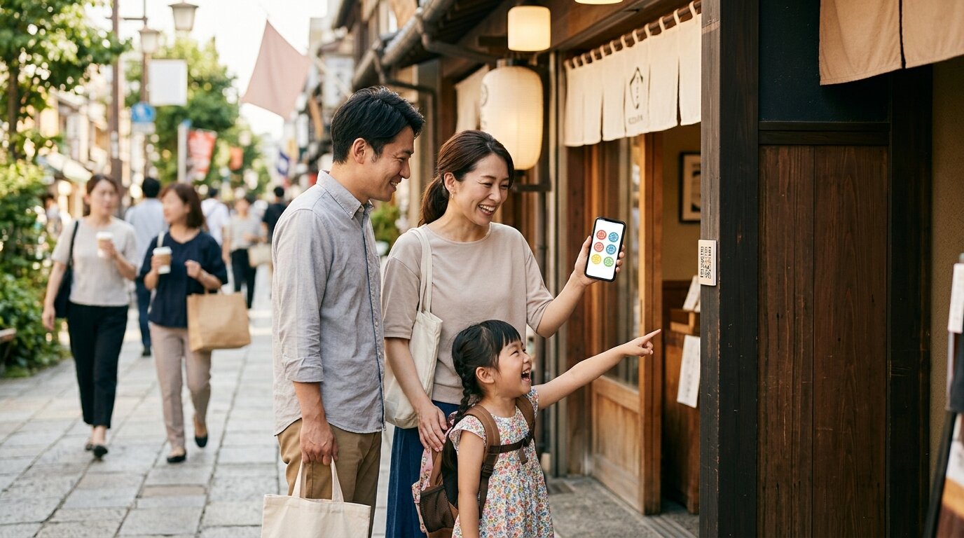 商店の入口のQRをスマホで読み、スタンプを集める家族