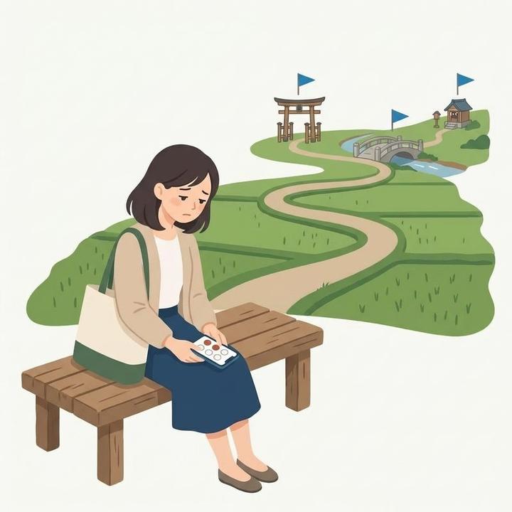 途中のベンチで疲れて座り込み、スマホのスタンプ帳を閉じる女性