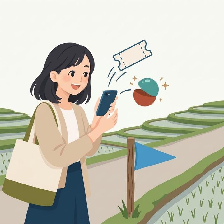 区切りの旗の前で、スマホにくじ引き券が届き、その場でくじを引いて喜ぶ女性