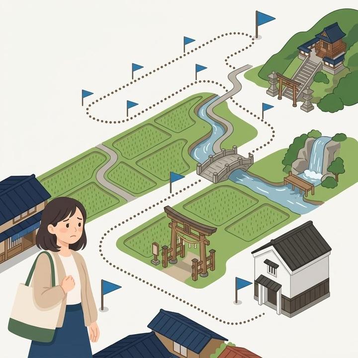 広い地図の端で、遠いゴールを見上げてため息をつく女性