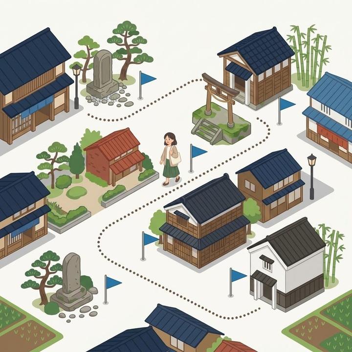 地図の途中に旗の立った区切りがいくつもあり、最初の旗を目指して歩き出す女性