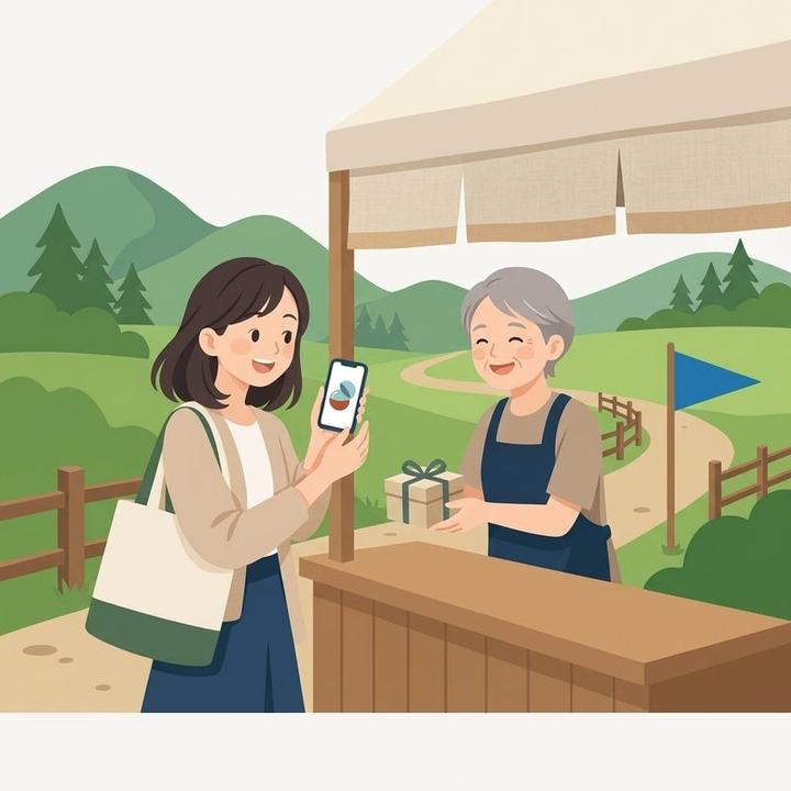 受付でスマホの画面を見せ、当たった景品を受け取る女性