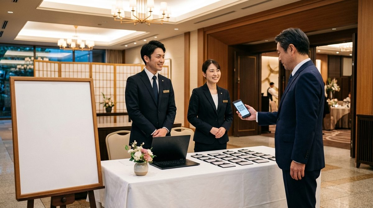 式典会場前の受付デスク。スーツ姿のスタッフが並び、来賓がスマホのコードを提示している