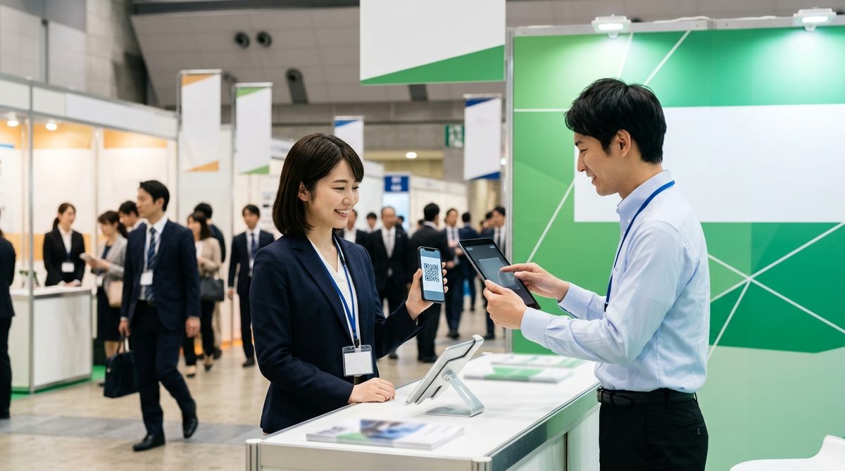展示会ブースで来場者がスマホのコードを提示し、担当者がタブレットで読み取っている様子