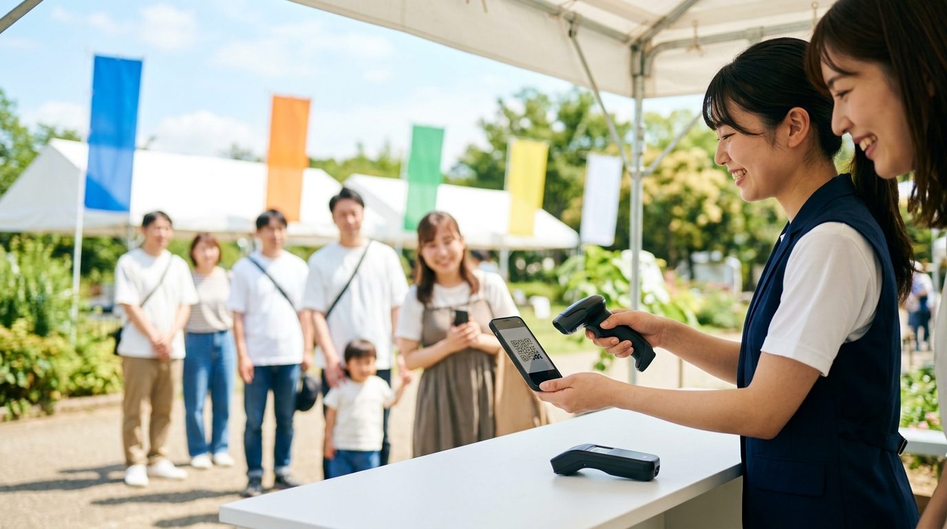 屋外イベントの受付テントで、スタッフが来場者のスマホに表示されたコードをハンディリーダーで読み取っている様子