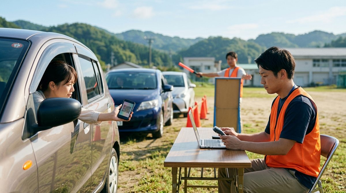 運動場の臨時駐車場受付のイメージ。ノートPCを開いたスタッフが、車の窓から差し出されたスマホのコードで受付している